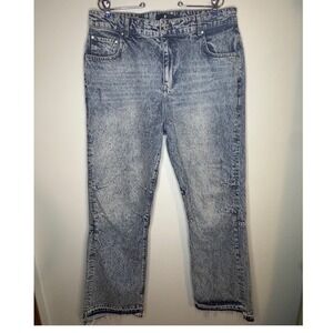 Represent Mens Acid Wash Jeans Blue Denim Raw Hem Embroidered R Logo Size 36